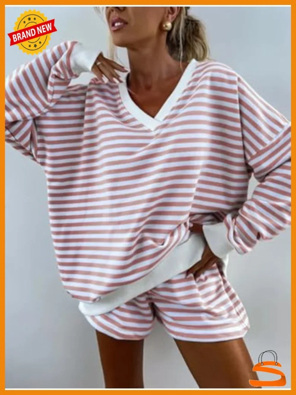 2 Piece Lounge Set Striped Long Sleeve Sweatshirt and Shorts Set Sweatsuit